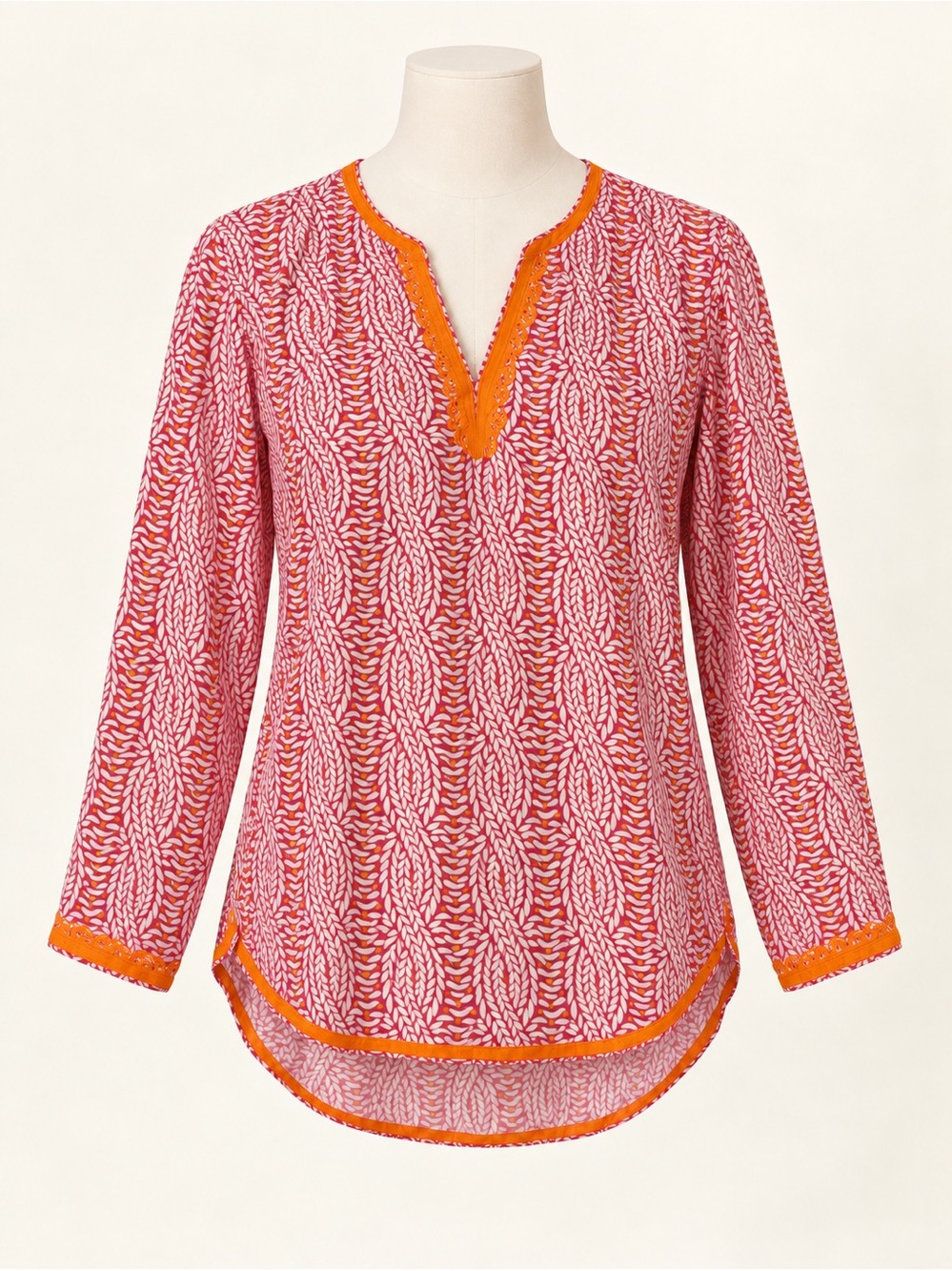 Escapada Pink & Orange Geometric Print Long Sleeve Tunic Blouse Scalloped Trim M